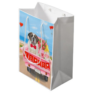 Saint Bernard Dog Valentine's Day Truck Hearts Medium Gift Bag
