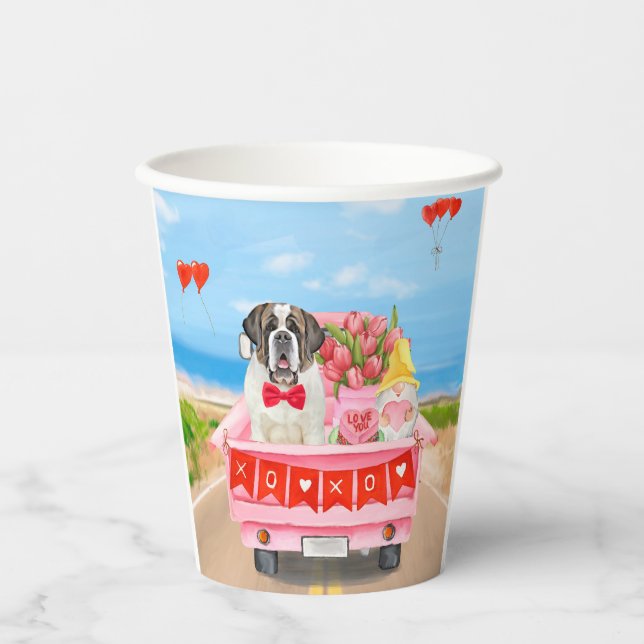 Saint Bernard Dog Valentine's Day Truck Hearts Paper Cups (Front)