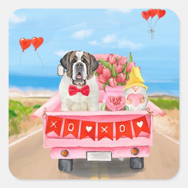 Saint Bernard Dog Valentine's Day Truck Hearts Square Sticker (Front)