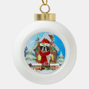 Saint Bernard dog with Christmas gifts Ceramic Ball Christmas Ornament