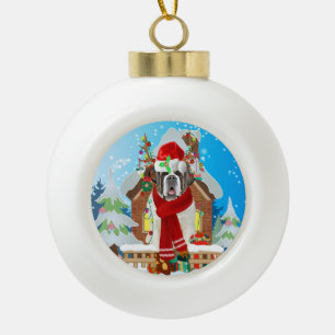 Saint Bernard dog with Christmas gifts Ceramic Ball Christmas Ornament