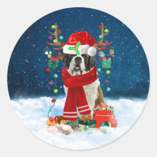 Saint Bernard dog with Christmas gifts  Classic Round Sticker
