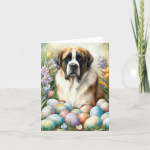 Saint Bernard Dog with Easter Eggs Holiday Card
