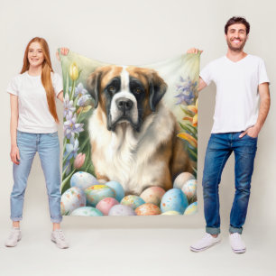 Saint Bernard Dog with Easter Eggs Holiday  Fleece Blanket