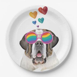 Saint Bernard Dog with Hearts Valentine's Day  Paper Plate