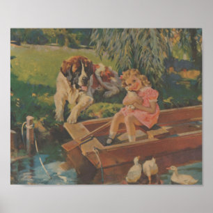 Saint Bernard, Ducks, Little girl in boat Poster