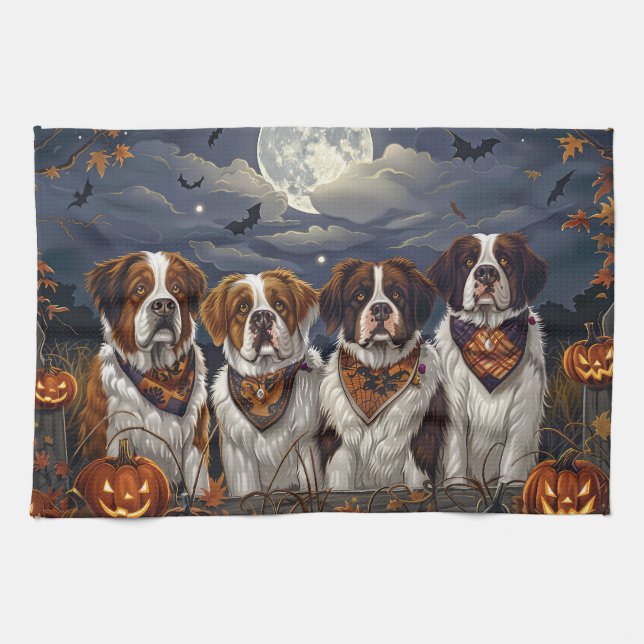 Saint Bernard Halloween Spooky Tea Towel (Horizontal)
