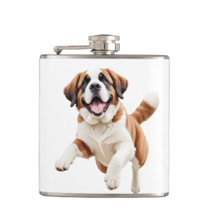 Saint Bernard Happy Playful Fun Jumping In The Air Hip Flask