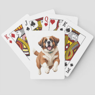 Saint Bernard Happy Playful Fun Jumping In The Air Playing Cards