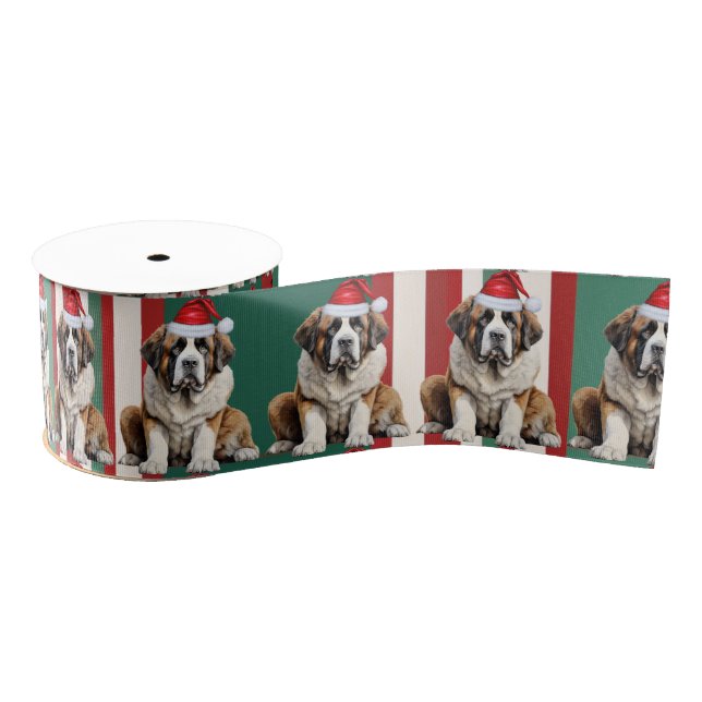 Saint Bernard Holiday Plaid Funny Dog Christmas Grosgrain Ribbon (Spool)