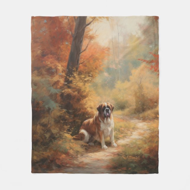 Saint Bernard in Autumn Leaves Fall Inspire Fleece Blanket (Front)