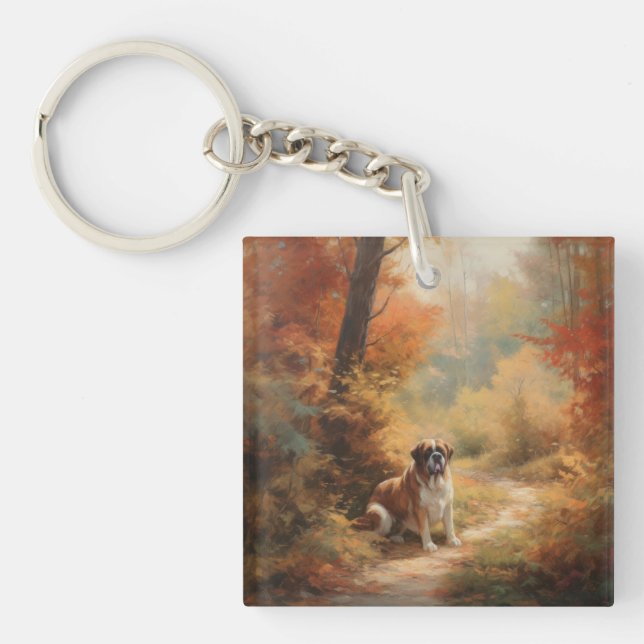 Saint Bernard in Autumn Leaves Fall Inspire Key Ring (Front)