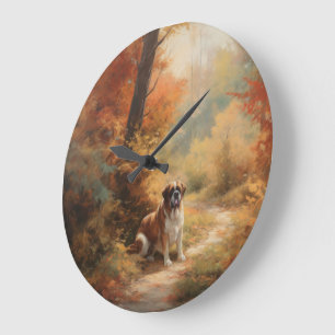 Saint Bernard in Autumn Leaves Fall Inspire Large Clock