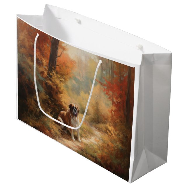 Saint Bernard in Autumn Leaves Fall Inspire Large Gift Bag (Front Angled)