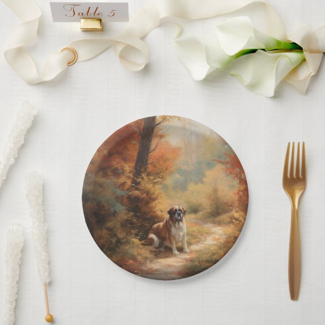 Saint Bernard in Autumn Leaves Fall Inspire Paper Plate (Wedding)