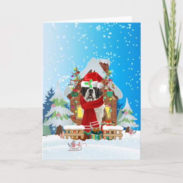 Saint Bernard in snow with Christmas gifts Card (Front)