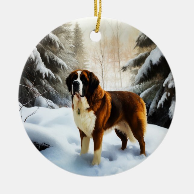 Saint Bernard Let It Snow Christmas Ceramic Ornament (Front)