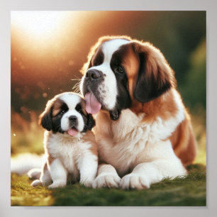 Saint Bernard mum and her puppy Poster