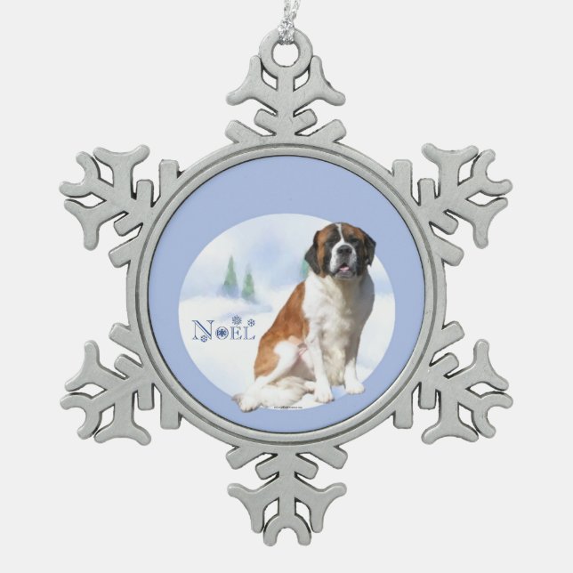 Saint Bernard Noel Keychain Snowflake Pewter Christmas Ornament (Front)