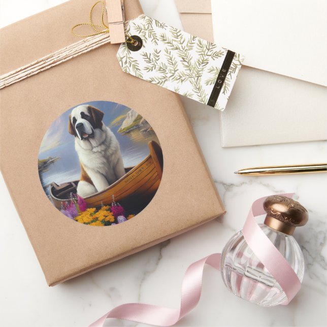 Saint Bernard on a Paddle: A Scenic Adventure Classic Round Sticker (Gifting)