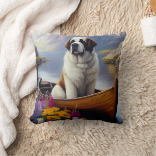 Saint Bernard on a Paddle: A Scenic Adventure Cushion