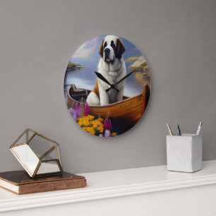 Saint Bernard on a Paddle: A Scenic Adventure Large Clock