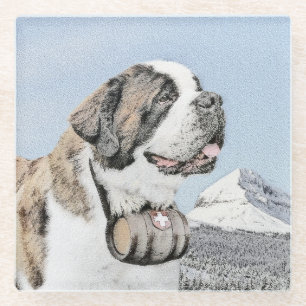 Saint Bernard Painting - Cute Original Dog Art Glass Coaster