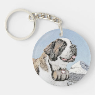 Saint Bernard Painting - Cute Original Dog Art Key Ring
