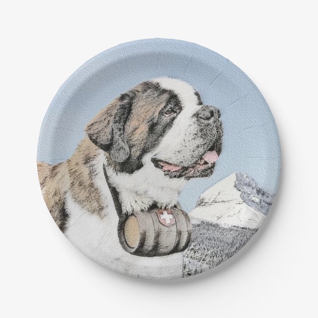 Saint Bernard Painting - Cute Original Dog Art Paper Plate (Front)