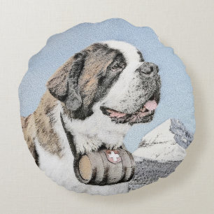 Saint Bernard Painting - Cute Original Dog Art Round Cushion
