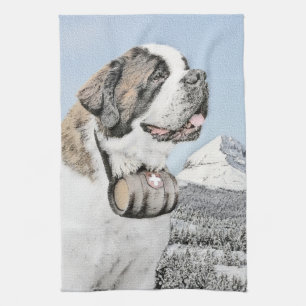 Saint Bernard Painting - Cute Original Dog Art Tea Towel