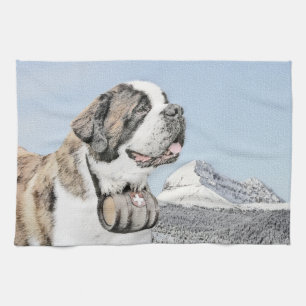 Saint Bernard Painting - Cute Original Dog Art Tea Towel