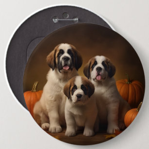 Saint Bernard Puppy Autumn Delight Pumpkin 6 Cm Round Badge