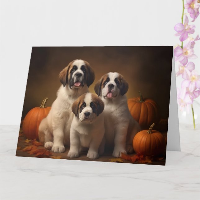 Saint Bernard Puppy Autumn Delight Pumpkin Card (Orchid)