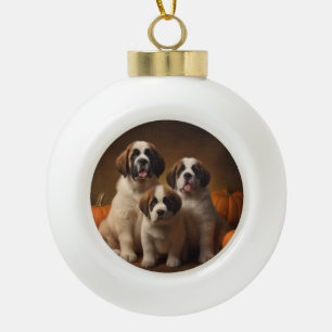 Saint Bernard Puppy Autumn Delight Pumpkin Ceramic Ball Christmas Ornament