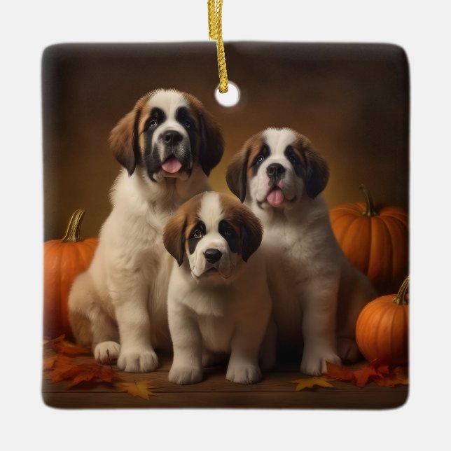 Saint Bernard Puppy Autumn Delight Pumpkin Ceramic Ornament (Front)