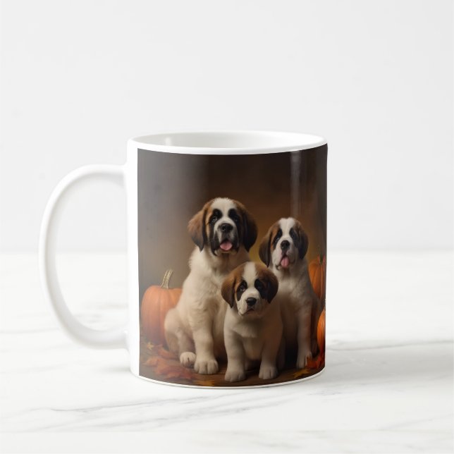 Saint Bernard Puppy Autumn Delight Pumpkin Coffee Mug (Left)