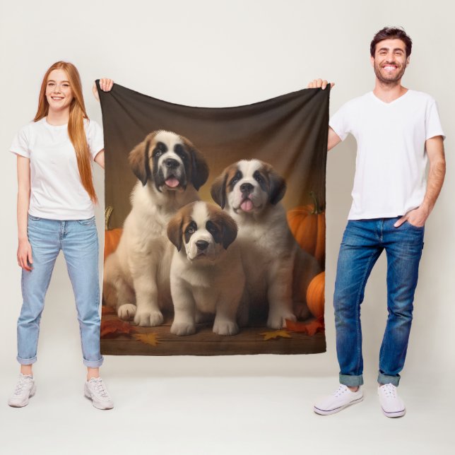 Saint Bernard Puppy Autumn Delight Pumpkin Fleece Blanket (In Situ)