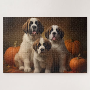 Saint Bernard Puppy Autumn Delight Pumpkin Jigsaw Puzzle
