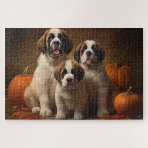 Saint Bernard Puppy Autumn Delight Pumpkin Jigsaw Puzzle