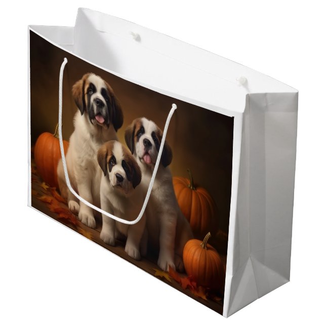 Saint Bernard Puppy Autumn Delight Pumpkin Large Gift Bag (Front Angled)