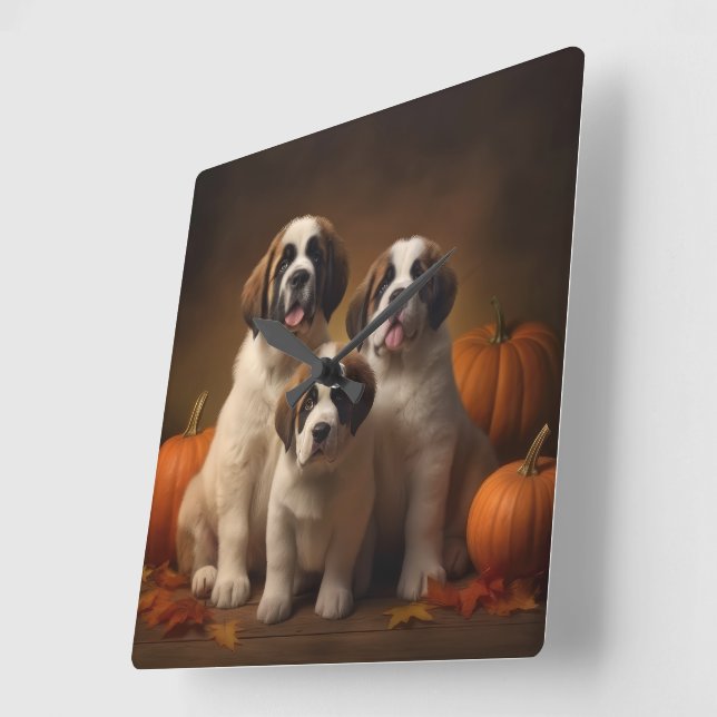 Saint Bernard Puppy Autumn Delight Pumpkin Square Wall Clock (Angle)