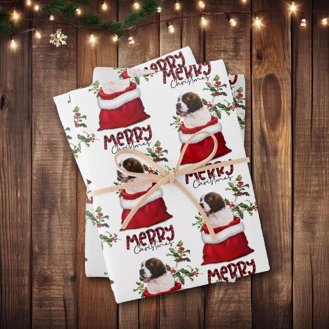 Saint Bernard Puppy Dog in Holiday Gift Bag Wrapping Paper Sheet (Creator Uploaded)