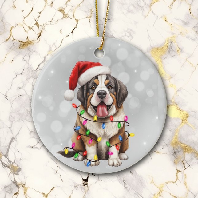 Saint Bernard Puppy in Christmas Lights  Ceramic Ornament (Creator Uploaded)