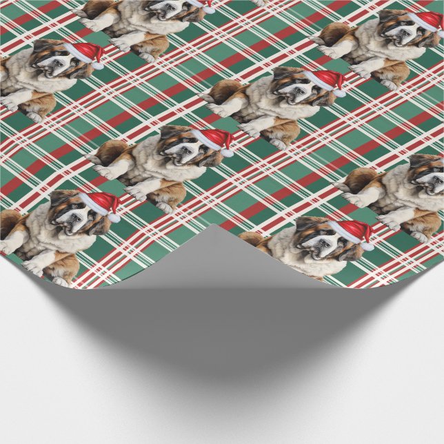 Saint Bernard Santa Dog Holiday Plaid Christmas Wrapping Paper (Corner)
