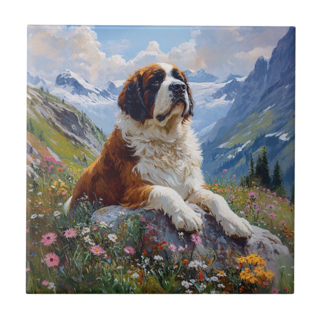 Saint Bernard Scenic Wildflower Field Ceramic Tile (Front)
