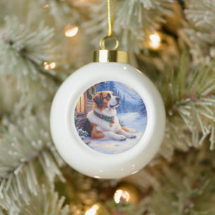 Saint Bernard Snowy Mountain Lodge Christmas Dog Ceramic Ball Christmas Ornament