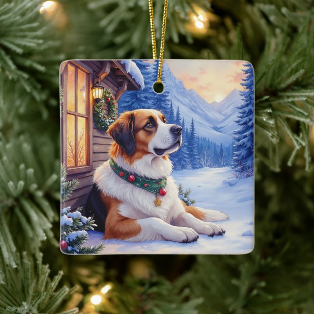 Saint Bernard Snowy Mountain Lodge Christmas Dog Ceramic Ornament (Tree)