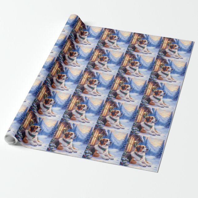 Saint Bernard Snowy Mountain Lodge Christmas Dog Wrapping Paper (Unrolled)