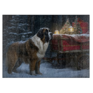 Saint Bernard Snowy Sleigh Christmas Decor Cutting Board